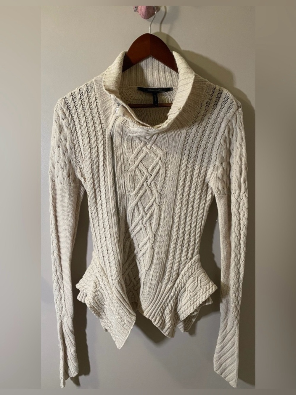 BCBGMAXAZRIA Cream Cable Knit Zip Sweater
